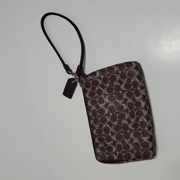 Coach Signature Wristlet Mini Bag Clutch Wallet Brown White Silver Women's OS - Picture 5 of 12